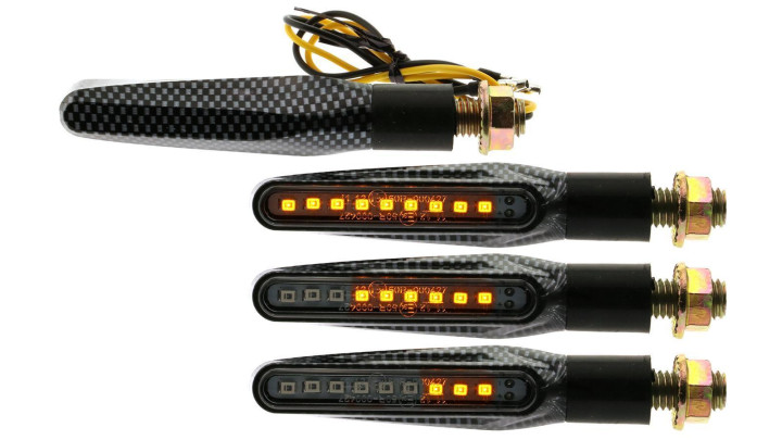LED Blinkerset mit Lauflicht für Motorrad / Moped mit E-Prüfzeichen /  Zulassung, Paar (2 Stück), Carbonlook